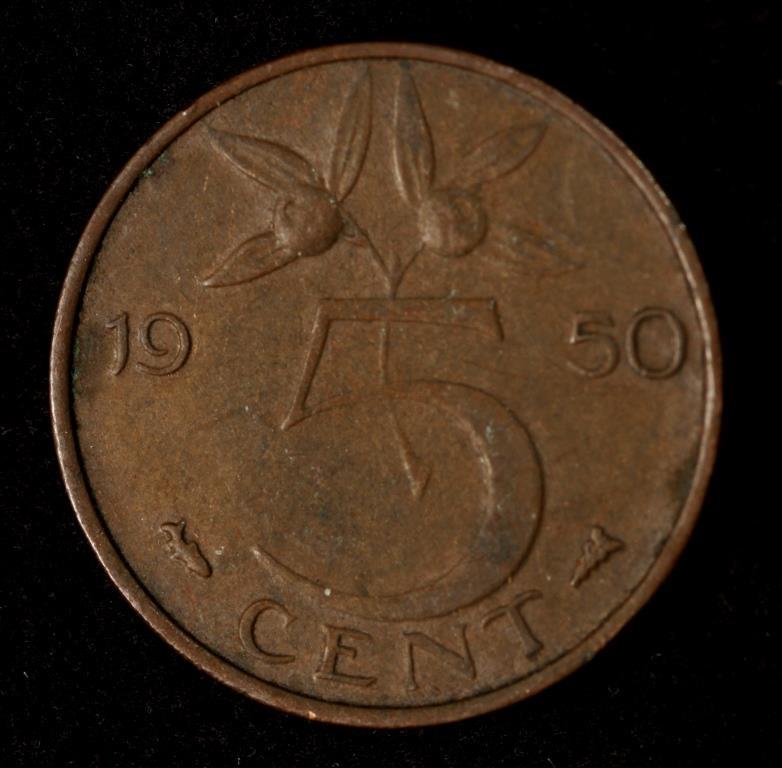 Монета Нідерландів 5 міліграмів 1950-80 рр. Королева Юліана, фото 1