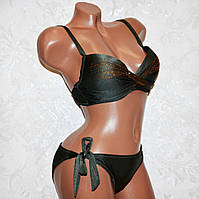 Розмір 48. Модний оливковий роздільний жіночий купальник, на зав'язках, з пуш-ап