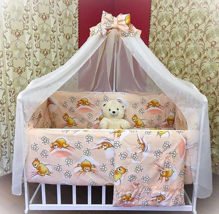 Набір дитячої постільної білизни "Ведмедки" - 9 предметів / Бортики в ліжечко малюка / Захист у ліжечко