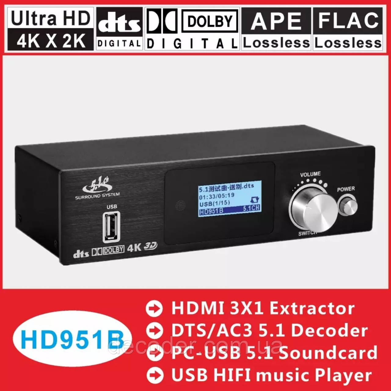 Аудіоконвертер декодер звуку SPDIF HDMI 3 на 1 порт ARC на тюльпани 6 RCA цифро аналоговий ресивер 5.1