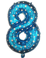 Цифра шар 8 фольгированный голубой со звездочками , 35 см.