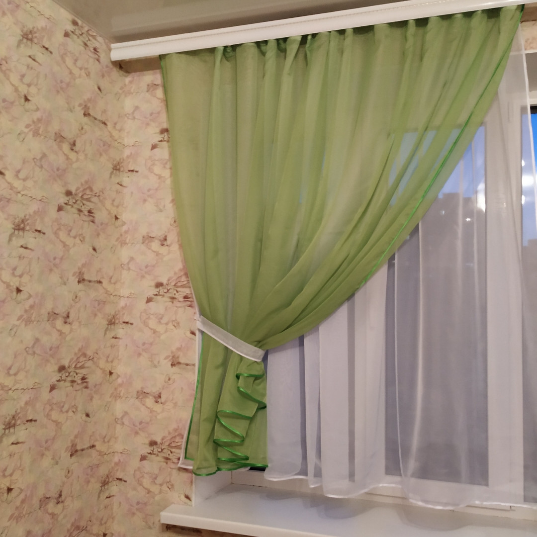 Фіранки шифонові для залу вітальні спальні, фіранки на ламбрекенах для вітальні Салатова (KU-139-8), фото 1