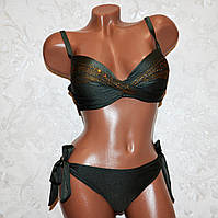 Розмір 50. Оригінальний купальник, оливковий роздільний жіночий купальник, на зав'язках, з пушапом