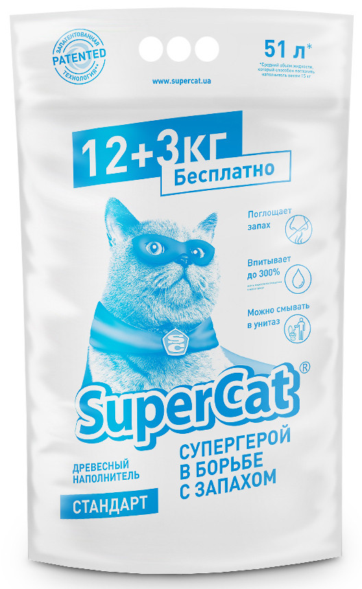 Наповнювач деревний Super Cat 12+3 кг (51 л) для туалетів для кішок