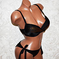 Розмір 48. Модний чорний роздільний жіночий купальник, на зав'язках, з пуш-ап