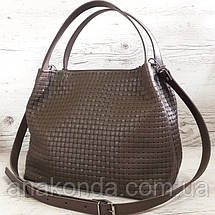 523-XL Натуральна шкіра Сумка жіноча кавова з тисненням 3D шкіряна бежева жіноча сумка м'яка коричнева, фото 2