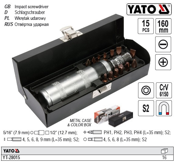 Викрутка ударна YATO l=160 мм, з магнітними викрутковими насадками, компл. 15 елем.