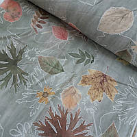 Льон з листям на сірому тлі, ширина 220 см