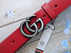 Жіночий шкіряний ремінь GUCCI червоний Срібло хром
