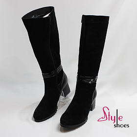 Жіночі чоботи з натуральної шкіри чорного кольору на підборах "Style Shoes"