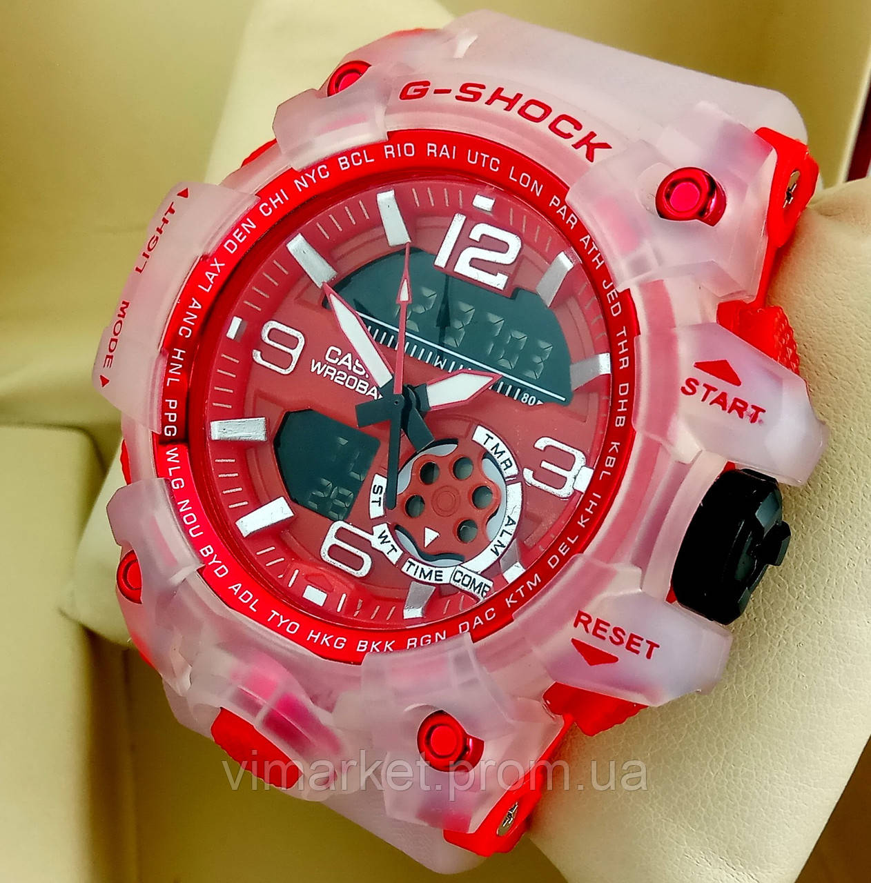 Спортивні наручний годинник Casio G-Shock Meduza з прозорим корпусом і ремінцем, червоний циферблат
