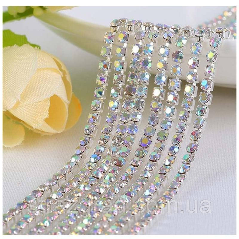 Стразовий ланцюг Щільний SS12 Crystal АВ Срібло Цена за 0,5м