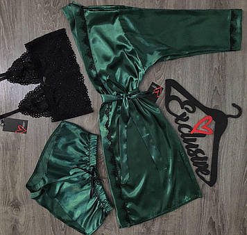 Комплект смарагдовий халат із мереживом, бюстгальтер + шорти атласні