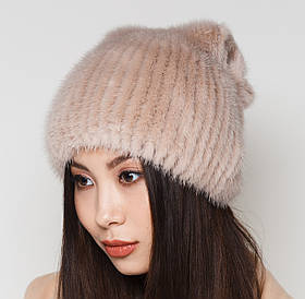 Жіноча хутрова шапка на плетеній основі норкова, Модель "Бант 2", колір Світло-бежевий"