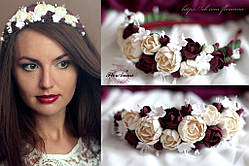 Весільний обруч-віночок для дівчини з квітами з полімерної глини "Елегантний бордо"