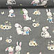 Бавовняна тканина зайчиха із зайченям і квітами на темно-сірому (0079), фото 4
