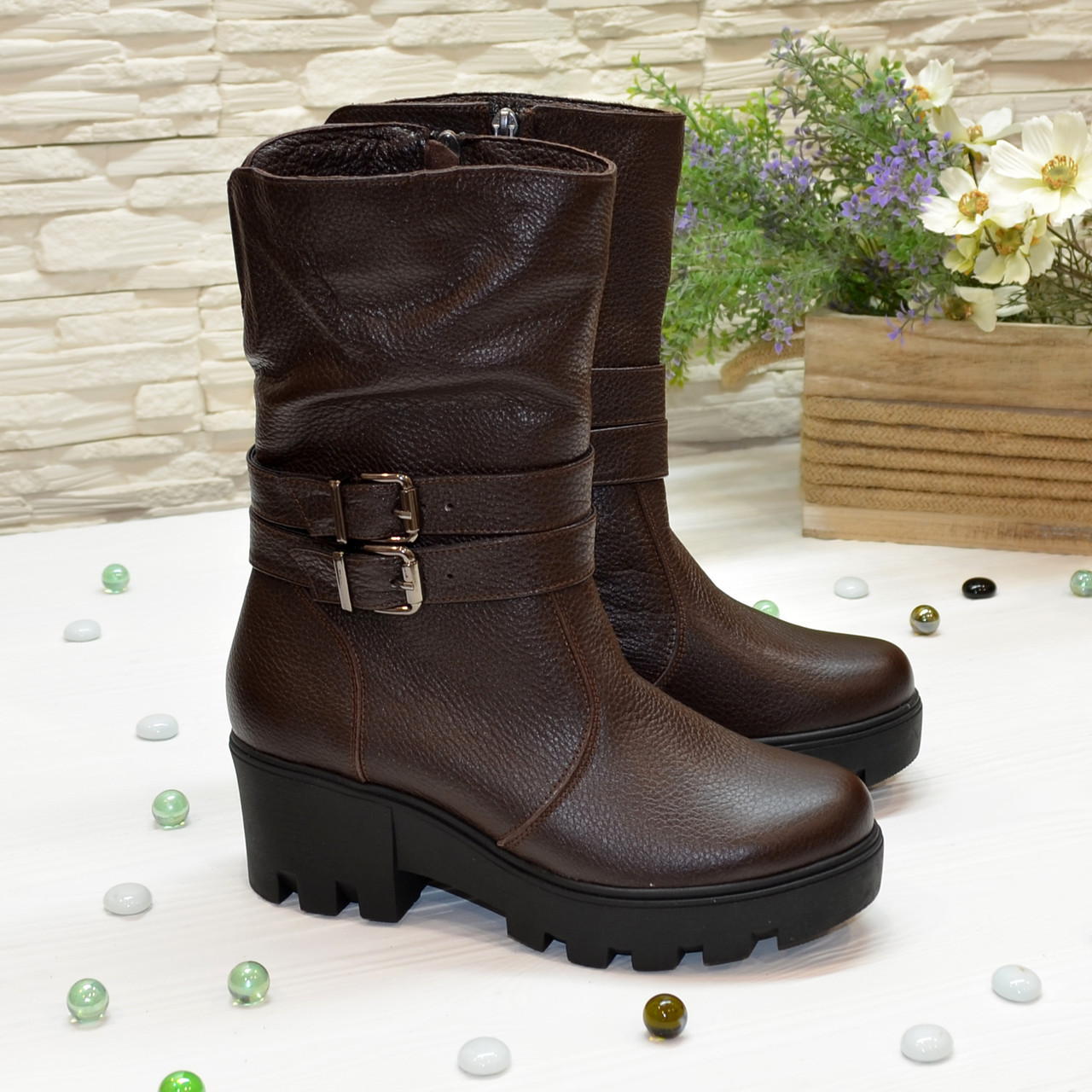 Черевики жіночі шкіряні на товстій підошві, колір коричневий, фото 1