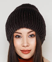 Жіноча хутрова шапка на плетеній основі норкова, Модель "Біні", колір Темно-коричнева", фото 2