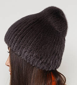 Жіноча хутряна шапка на в'язаній основі норкова, Модель "Біні", колір "Темно-коричнева"