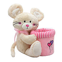 М'яка іграшка - мишка з рожевою корзинкою, 20 см, бежевий, штучне хутро (C1812120-1)