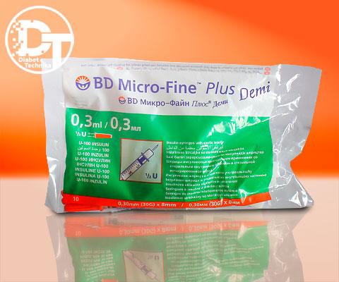 Шприци інсулінові BD Мікро Файн Плюс U-100 0,3 мл Демі ( Micro Fine Plus U-100 0,3 ml Demi) - 10шт.