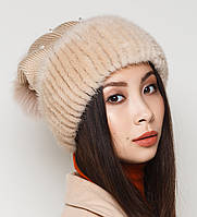 Женская меховая шапка норковая с песцом на трикотажной основе, Модель "Буратино с трикотажем", цвет "Светлый беж"