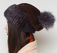 Женская меховая шапка на вязаной основе норковая с песцом, Модель "Буратино с трикотажем", цвет "Тёмный фиолет"