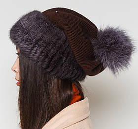 Жіноча хутряна шапка на в'язаній основі норкова з песцем, Модель "Буратино з трикотажем", колір "Темний фіолет"