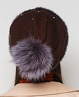 Жіноча хутрова шапка на плетеній основі норкова з песцом, Модель "Буратіно з трикотажем", колір "Темний фіолет", фото 3
