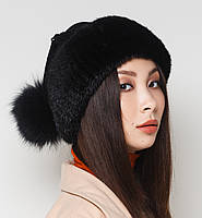 Жіноча хутряна шапка на в'язаній основі з норки з песцем, Модель "Буратино з трикотажем", колір "Чорний", фото 2
