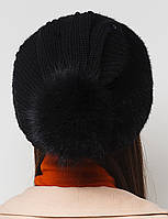 Жіноча хутряна шапка на в'язаній основі з норки з песцем, Модель "Буратино з трикотажем", колір "Чорний", фото 3