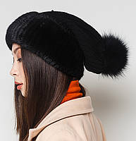 Жіноча хутряна шапка на в'язаній основі з норки з песцем, Модель "Буратино з трикотажем", колір "Чорний", фото 4