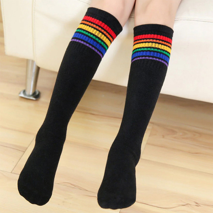 Гольфи високі з бавовни чорні зі смужками вище колін "Веселка" для дівчаток школярок. Заколінки зі смужками для дівчаток, фото 1