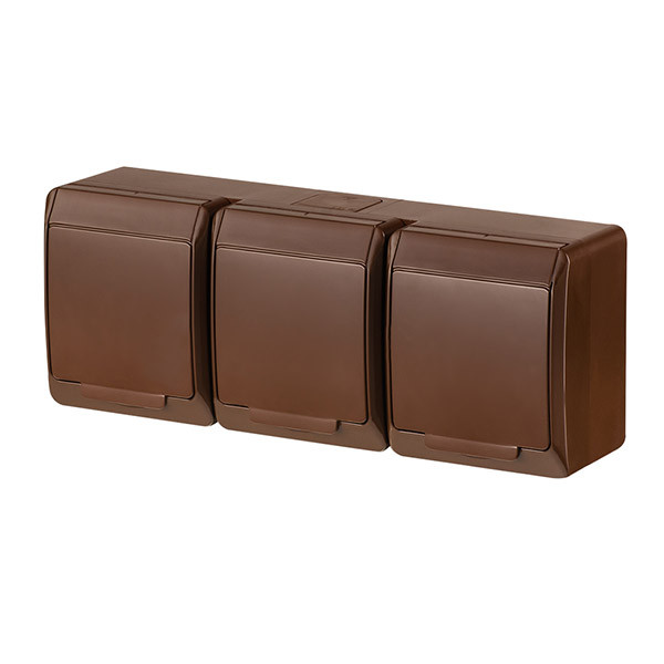 Розетка з кришкою потрійна Elektro-Plast Hermes IP44 c з/до 16А коричнева, фото 1