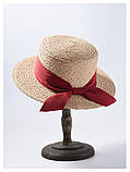 Жіноча солом'яний капелюх канотьє з бордовою стрічкою., фото 4