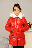 Куртка детская для девочки зима Мила КРАСНАЯ 140см капюшон съемный, мех искусственный