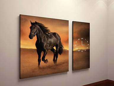 Модульна фото картина у вітальню Коні фотокартина з годинником на полотні тварини постер коні полотно