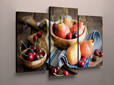 Модульна фотографія фотокартина на полотні для кухні натюрморт фрукти черешні груші груші полотно 3 модуля