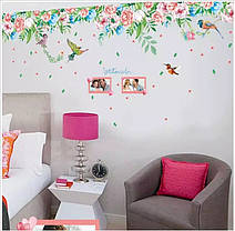 Наклейка на стіну, вітрину, прикраси стіни наклейки "пташки колібрі біля квітів" 55см*170см (лист 60*90см), фото 2