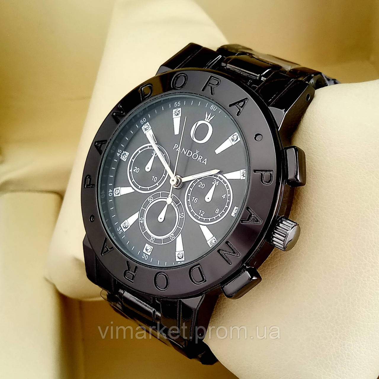 Жіночі кварцові наручні годинники Pandora 7289 чорного кольору з чорним циферблатом на металевому браслеті
