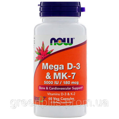 Витамин Д3 и МК-7, Mega D-3 & MK-7, Now Foods, 5000 МЕ / 180 мкг, 60 ...