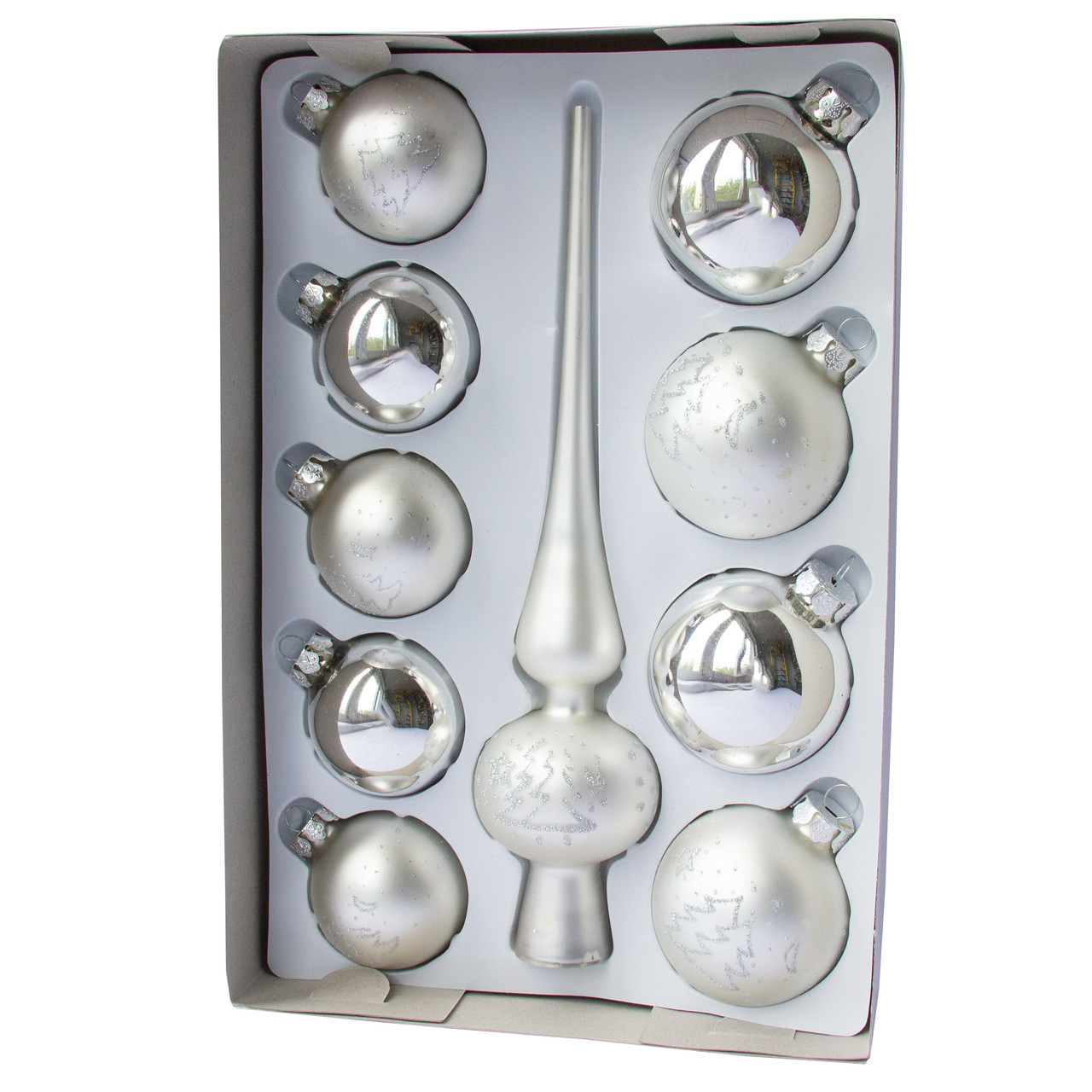 Набір ялинкових іграшок - кулі з верхівкою, 10 шт, D5-6 см, сріблястий, мікс, в ялинку, скло (390267-12), фото 1