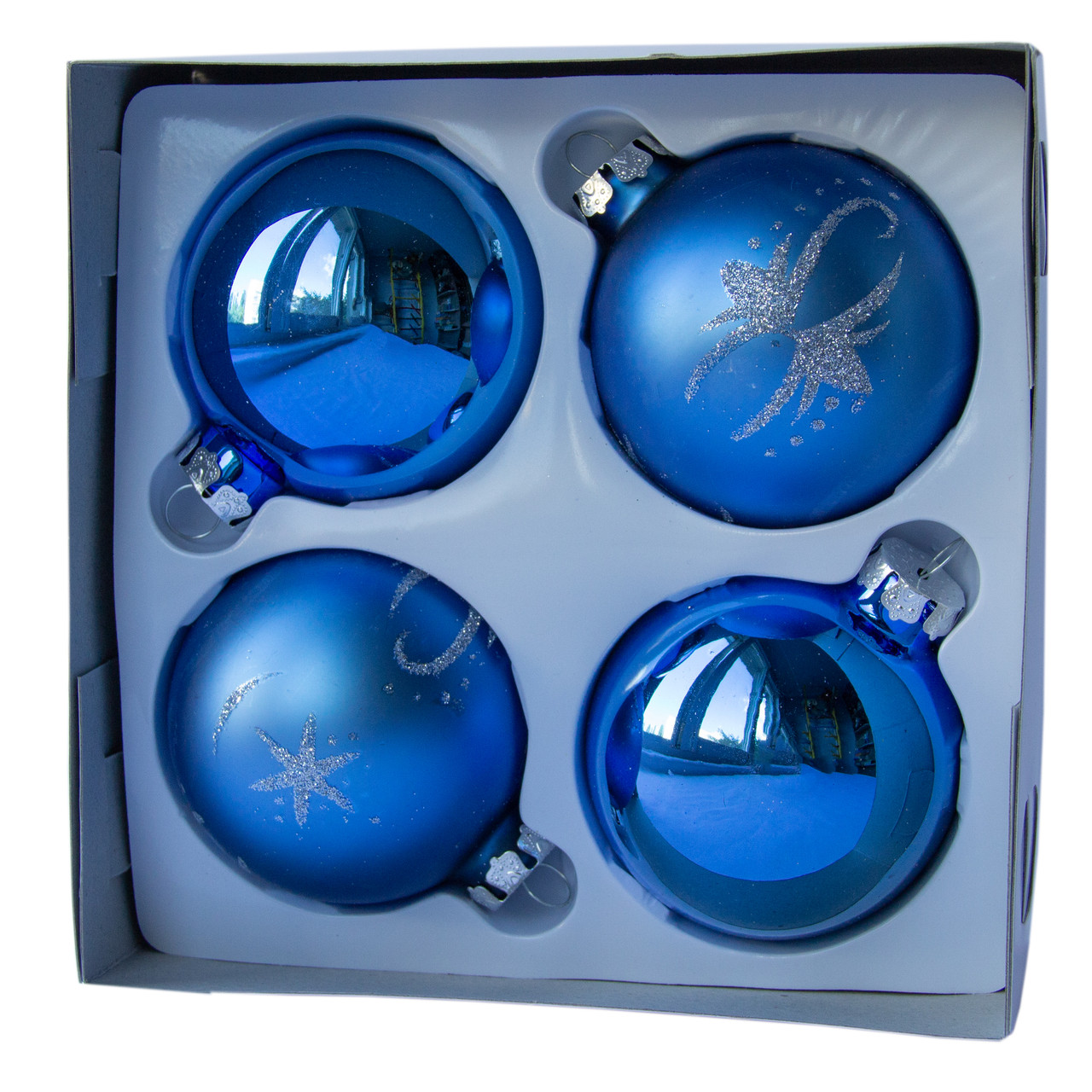 Набір ялинкових іграшок - кулі, 4 шт, D7 см, синій, мікс, в сніжинку, скло (390335-24), фото 1