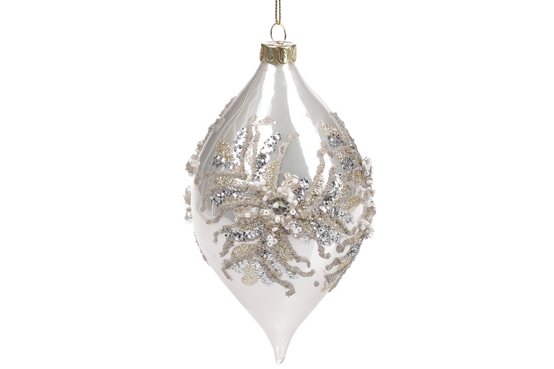 Ялинкова прикраса у формі краплі з декором із бусин 15см, колір - перловий білий ТОВАР ВІД ВИРОБНИКА