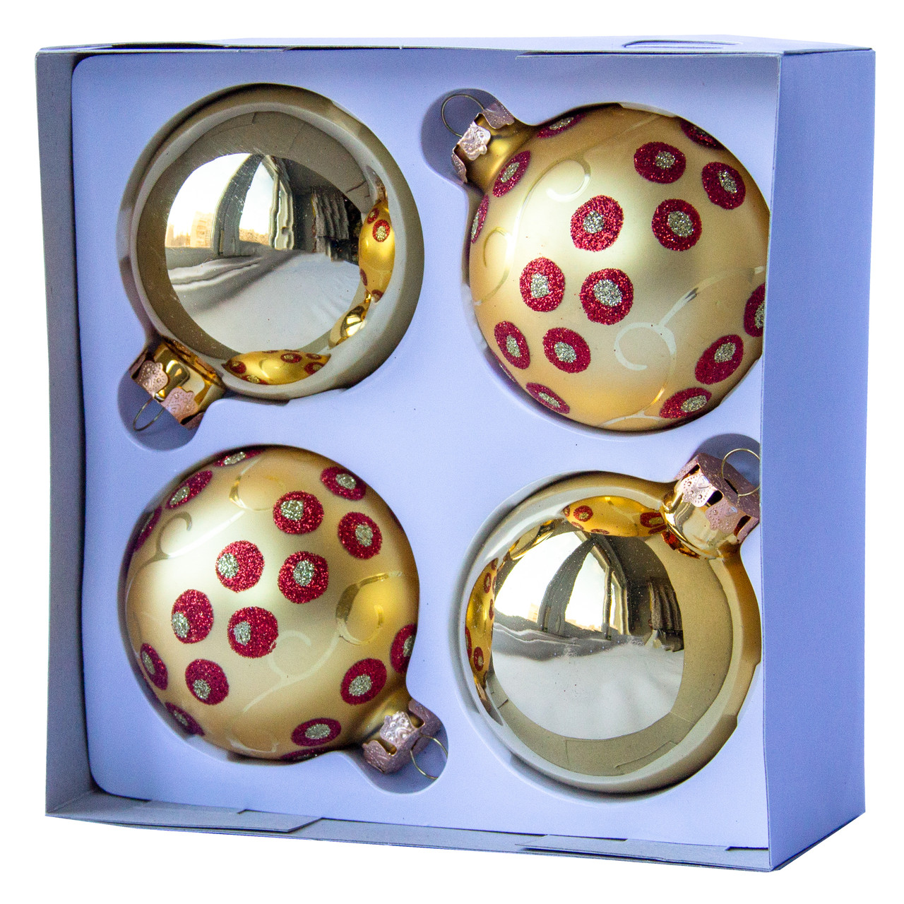 Набір ялинкових куль, 4 шт, D7 см, золотистий, у червону крапку, скло (390335-5), фото 1