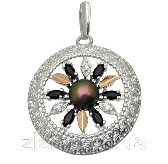 Срібний кулон Фортуна з золотими вставками чорними фіанітами та чорними натуральними перлинами  034кул-1111, фото 1