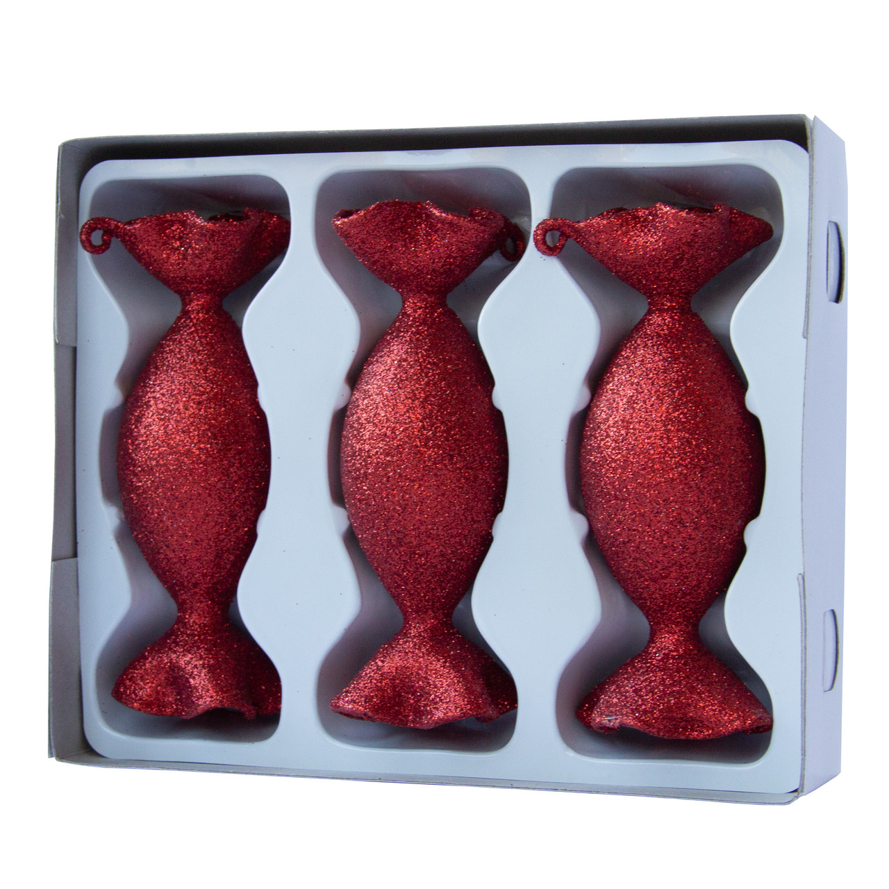 Набір ялинкових іграшок цукерки, 3 шт, 3,5х10 см, червоний, присипка, скло (390151-10), фото 1