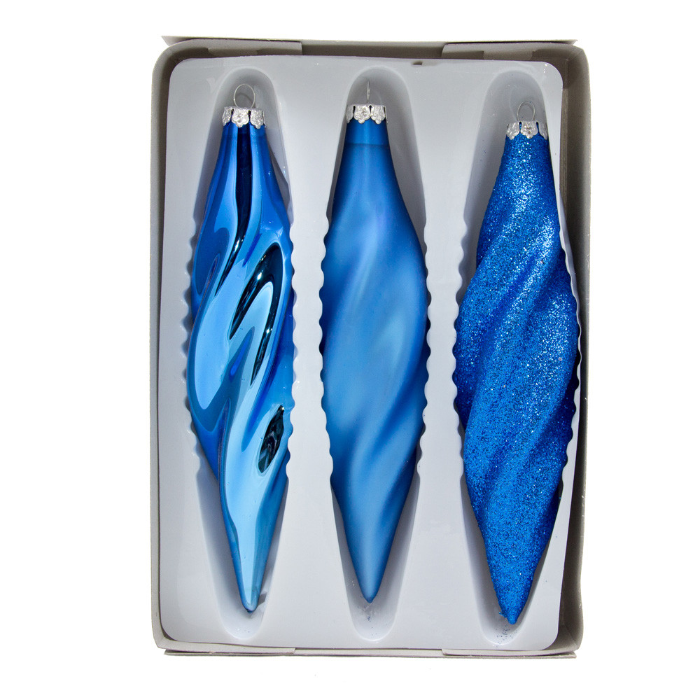 Набір ялинкових іграшок - закручені бурульки, 3 шт, 16 см, синій, Микс, скло (390168-4), фото 1