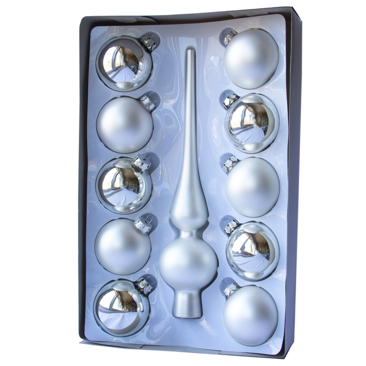 Набір ялинкових іграшок - кулі з міні-верхівкою, 11 шт, D6 см, сріблястий, мікс, скло (390182-1), фото 1