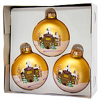 Набор елочных игрушек - шары с росписью, 3 шт, D8 см, золотистый, матовый, стекло (390441-2)